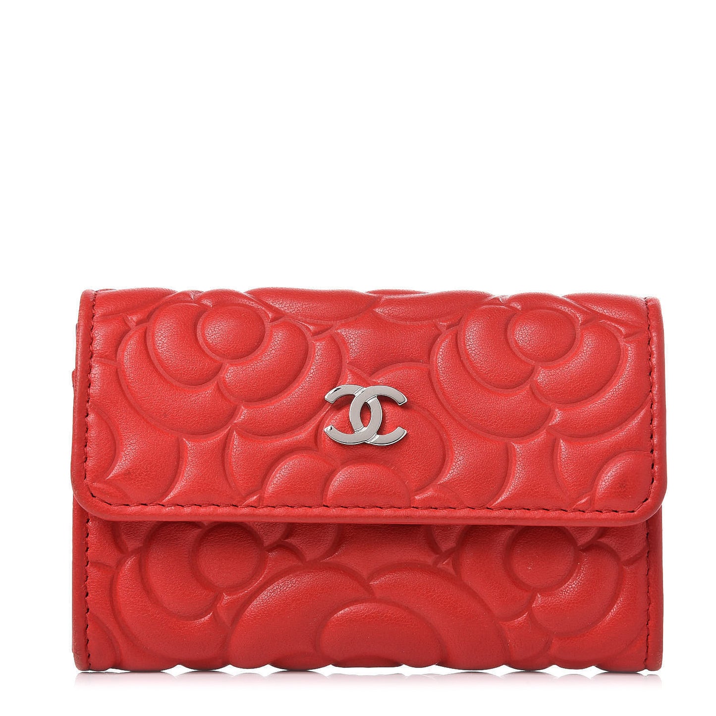 Goatskin Camellia Embossed Card Holder Red