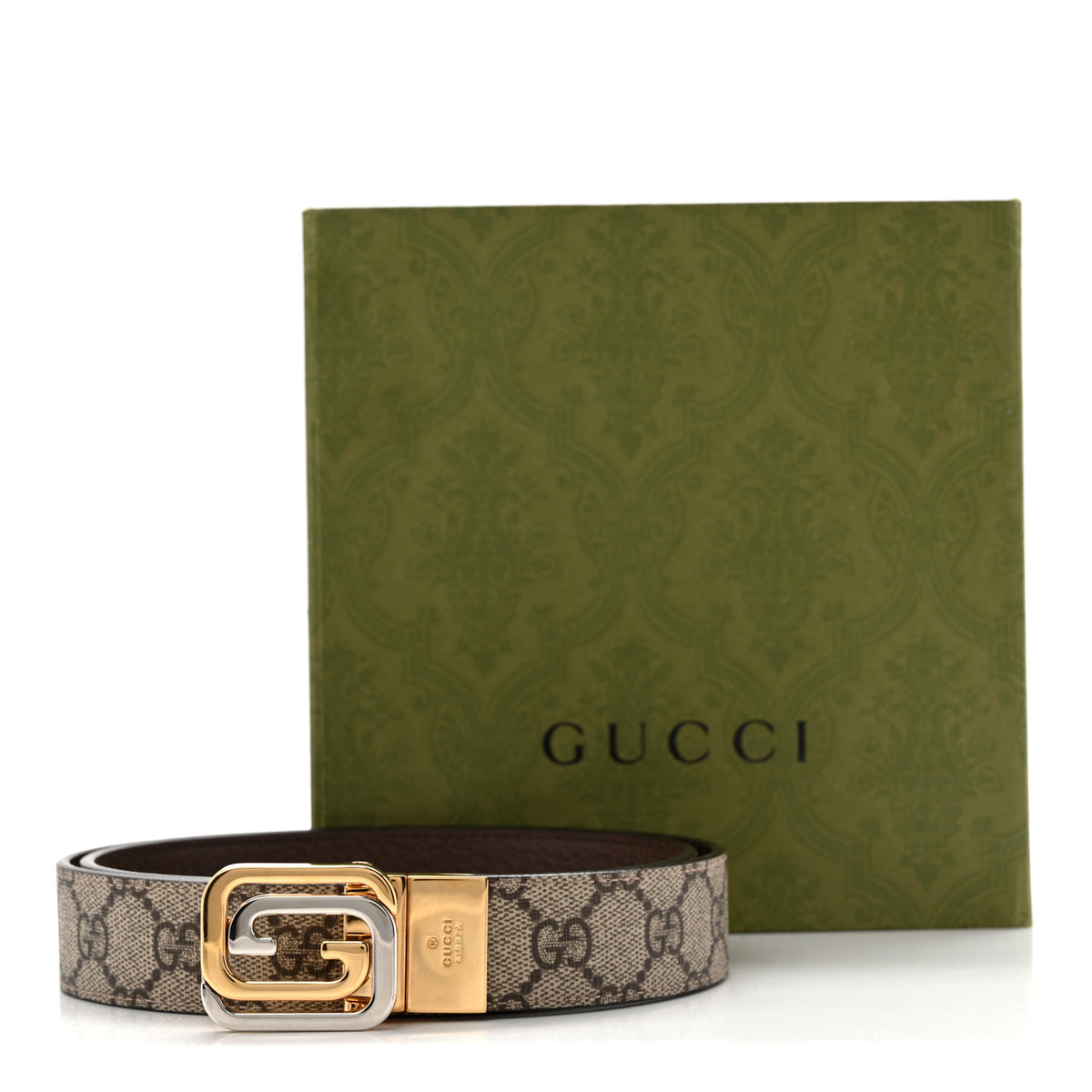 Gucci GG Supreme Monogram Textured Dollar Calfskin Squared Interlocking G 30mm Reversible Belt 85 34 Beige Ebony New Acero 9 of 9