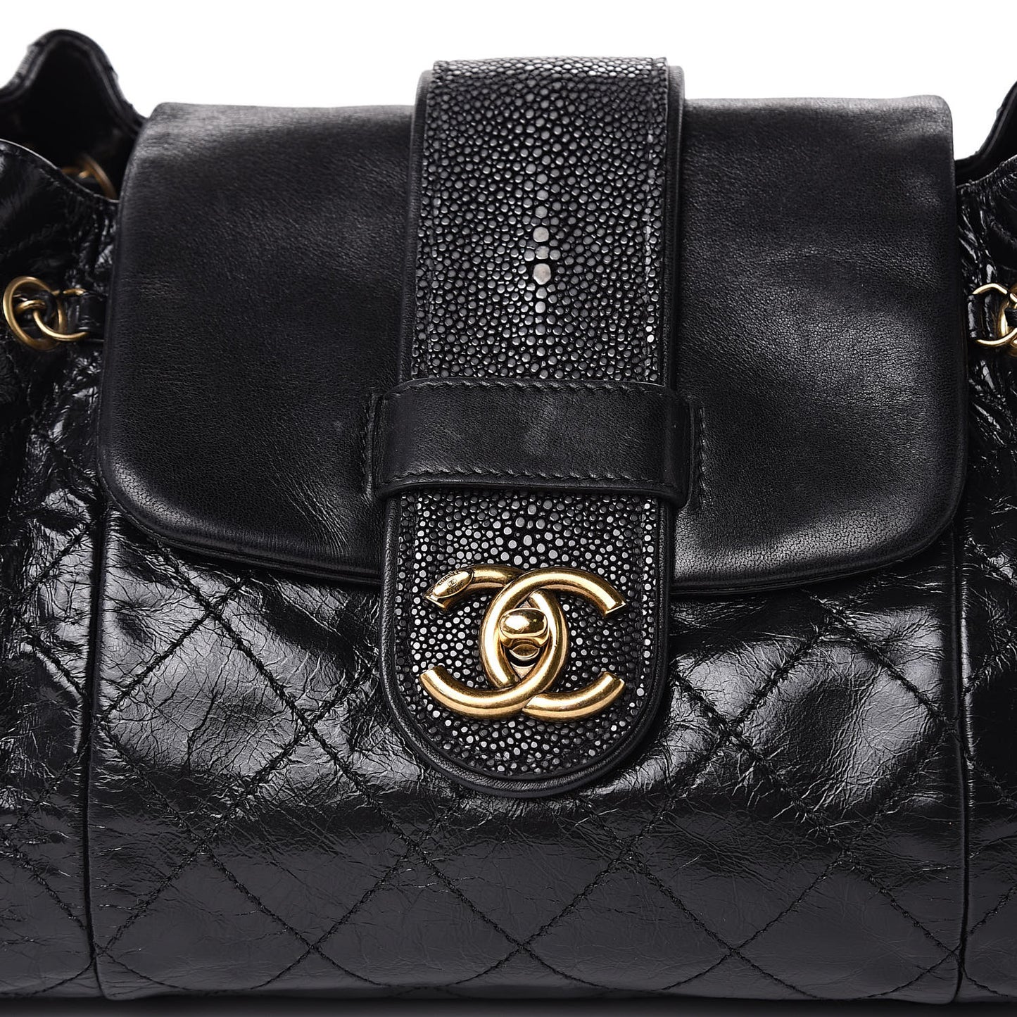 Glazed Calfskin Stingray Bindi CC Accordion Tote Black