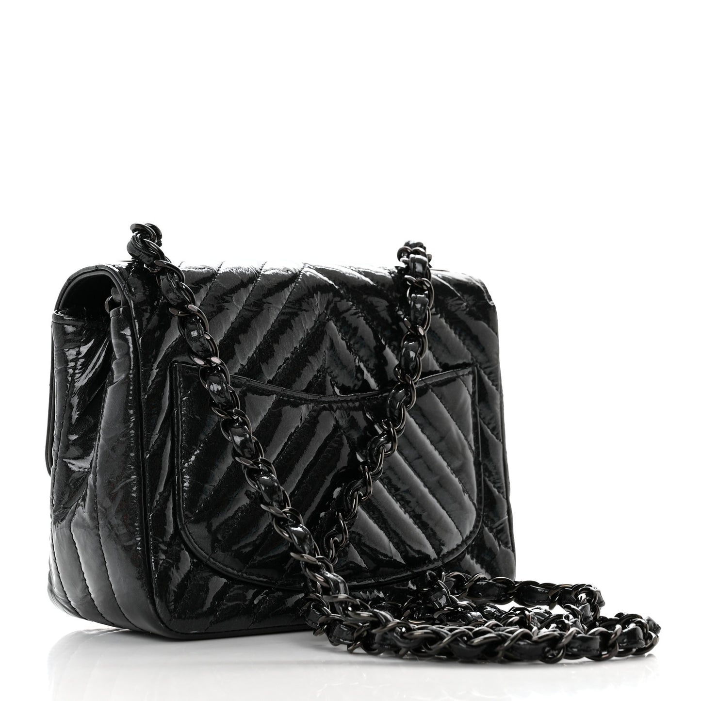 Metallic Crumpled Calfskin Chevron Quilted Mini Square Flap Black