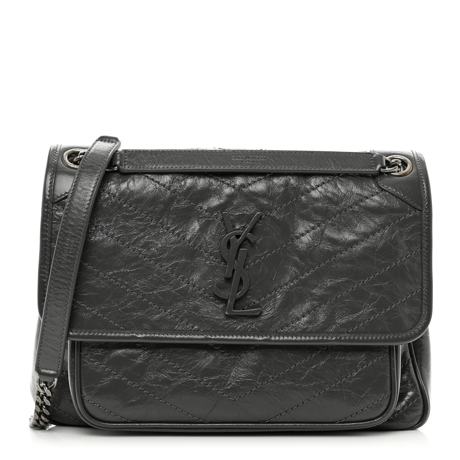Saint Laurent Crinkled Calfskin Matelasse Monogram Medium Niki Chain Satchel Storm 1 of 10