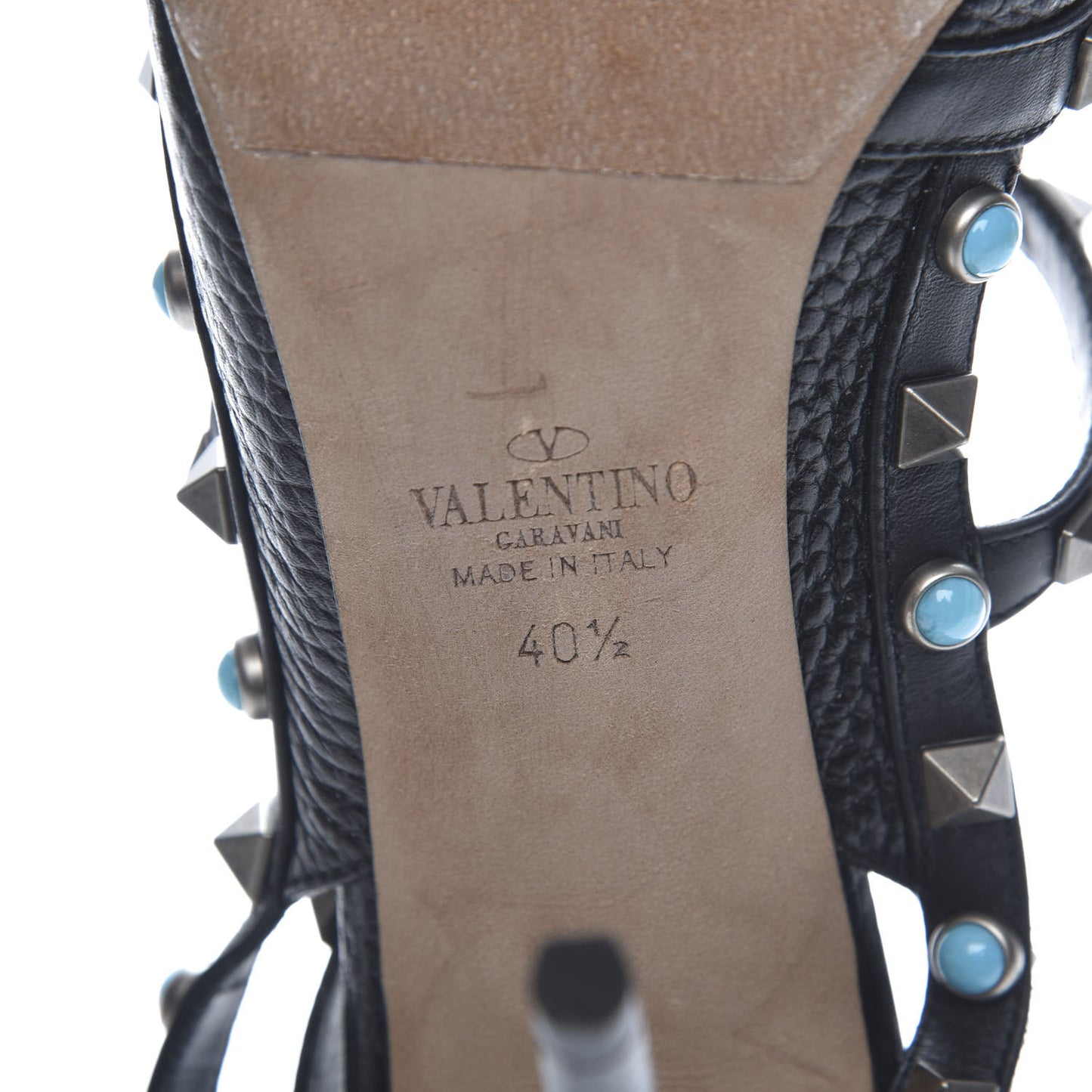 Pebbled Calfskin Turquoise Rockstud Rolling Ankle Strap 100mm Pumps 40.5 Black