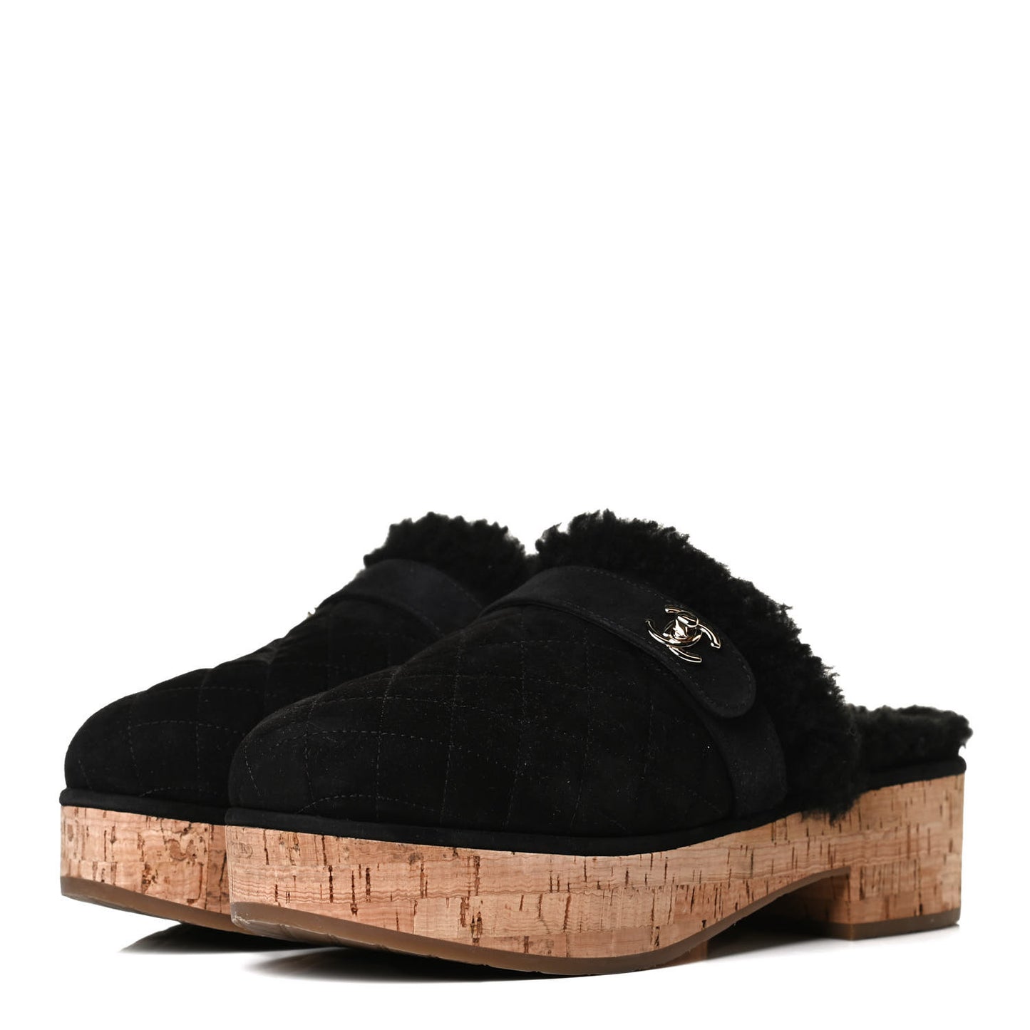 Suede Calfskin Shearling Turn Lock Clogs 38 Black