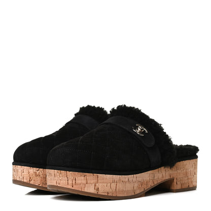 Chanel Suede Calfskin Shearling Turn Lock Clogs 38 Black 3 of 12