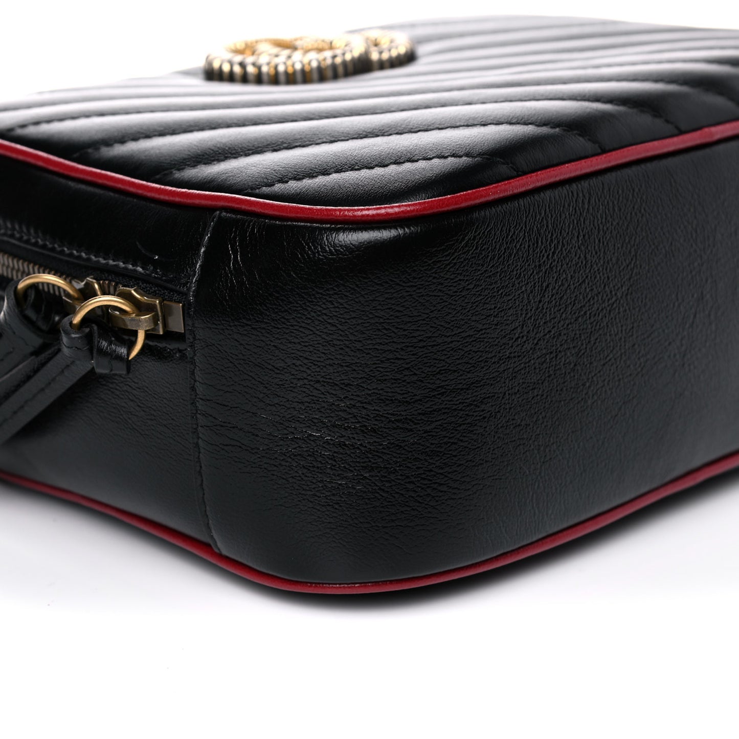 Vintage Effect Calfskin Matelasse Diagonal Small Torchon GG Marmont Bamboo Top Handle Shoulder Bag Black Romantic Cherry