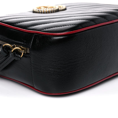 Gucci Vintage Effect Calfskin Matelasse Diagonal Small Torchon GG Marmont Bamboo Top Handle Shoulder Bag Black Romantic Cherry 9 of 11