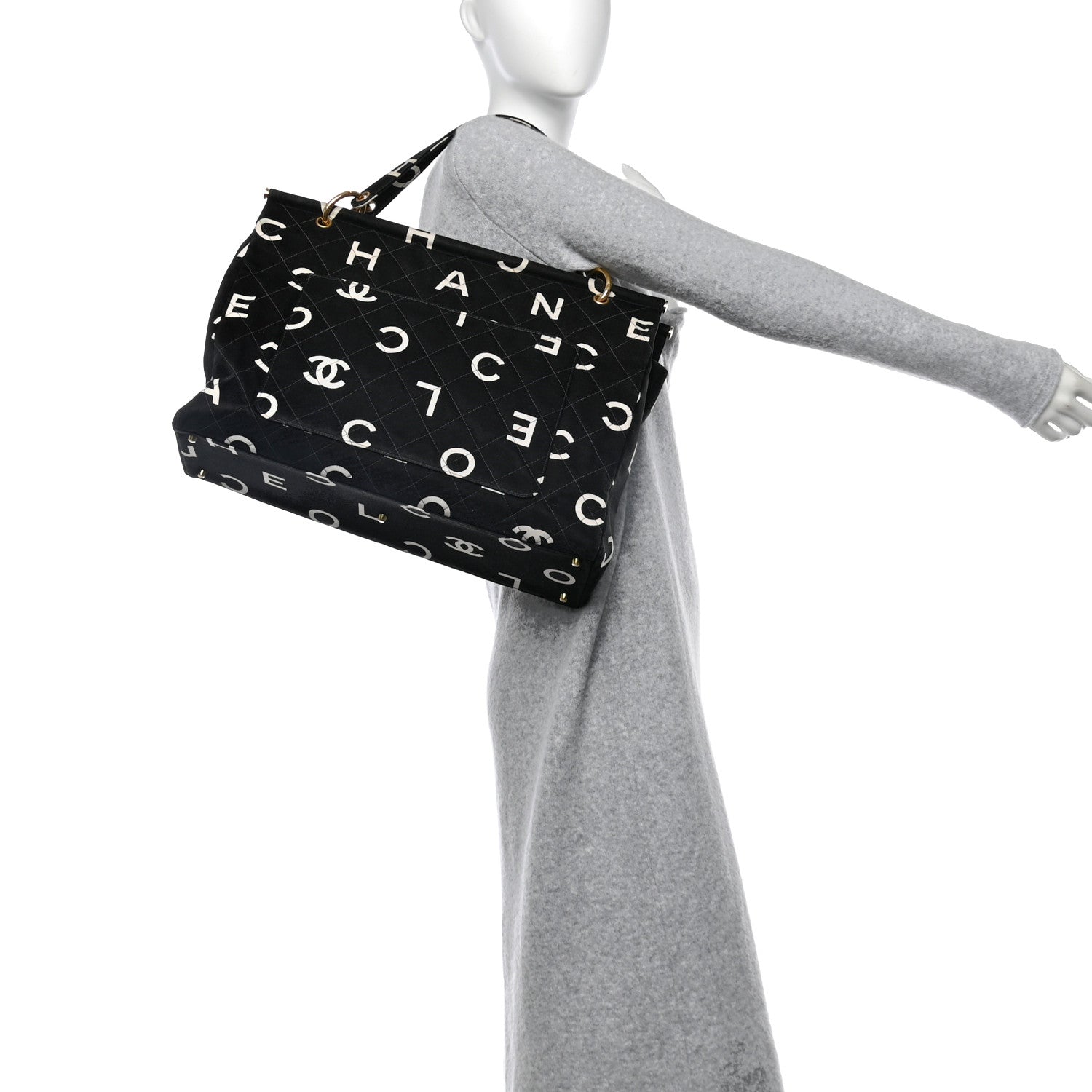 Chanel Canvas Printed Quilted Logo Tote Black White 2 of 11