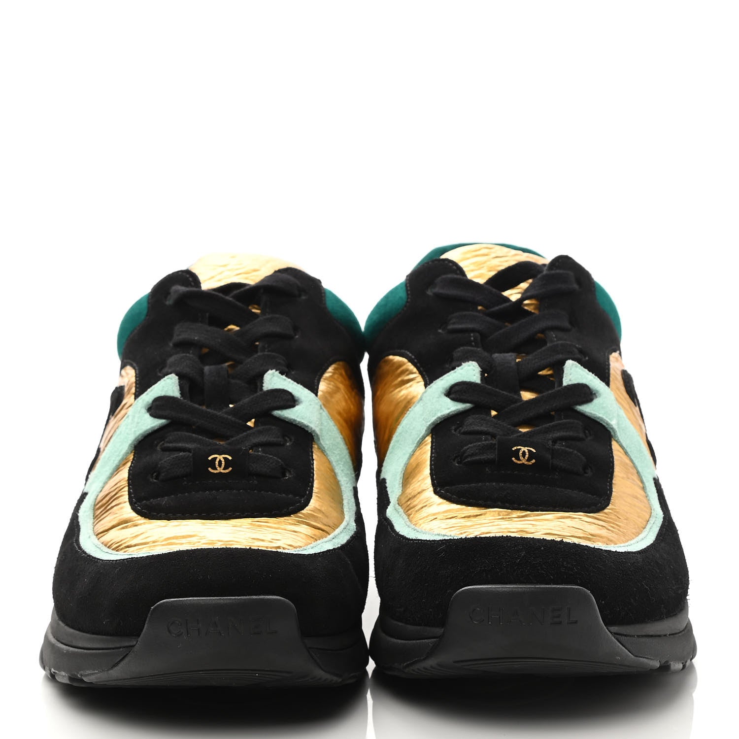 Chanel Fabric Calfskin Suede CC Womens Sneakers 40.5 Black Turquoise Gold 2 of 8