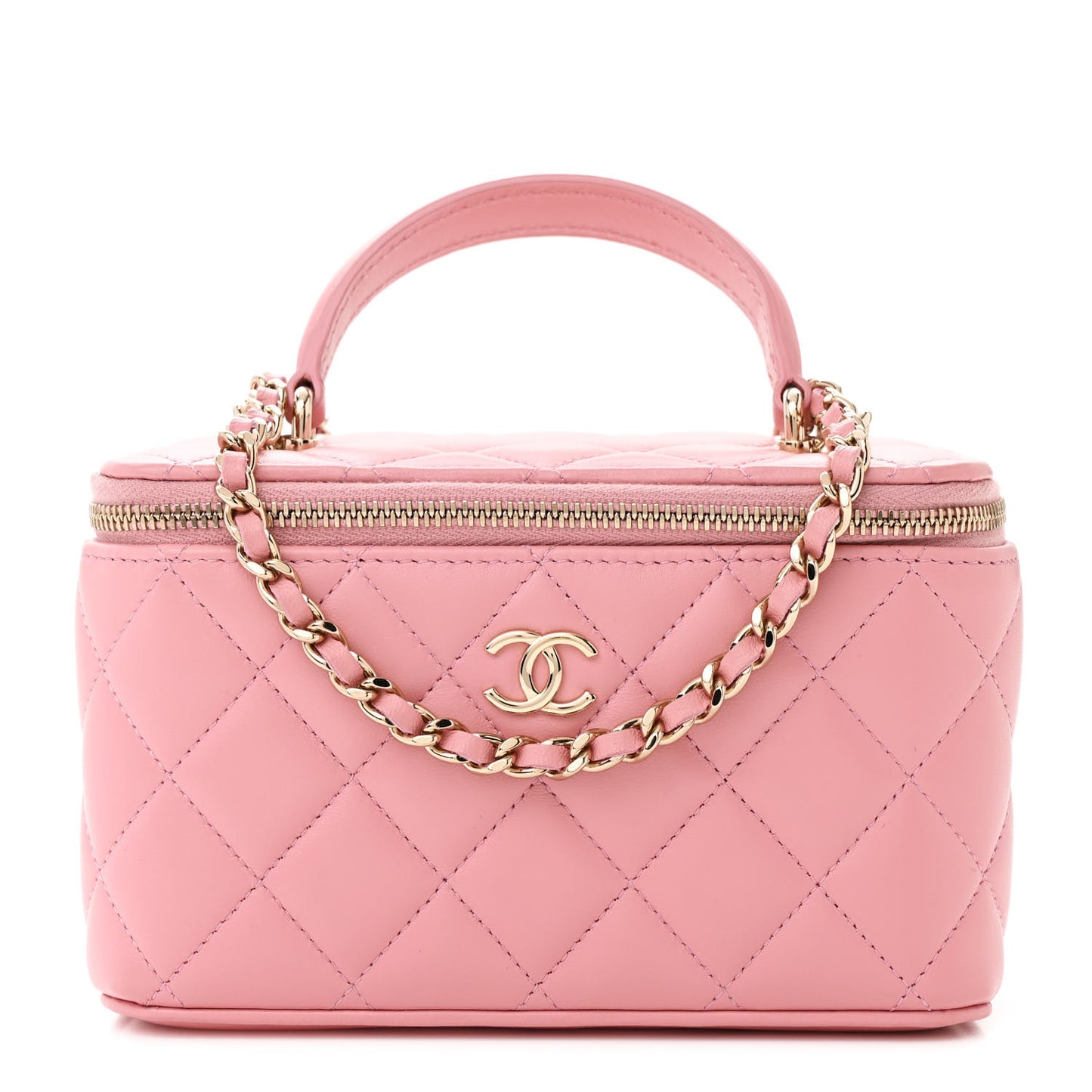 Lambskin Quilted Small Top Handle Vanity Case With Chain Dark Pink