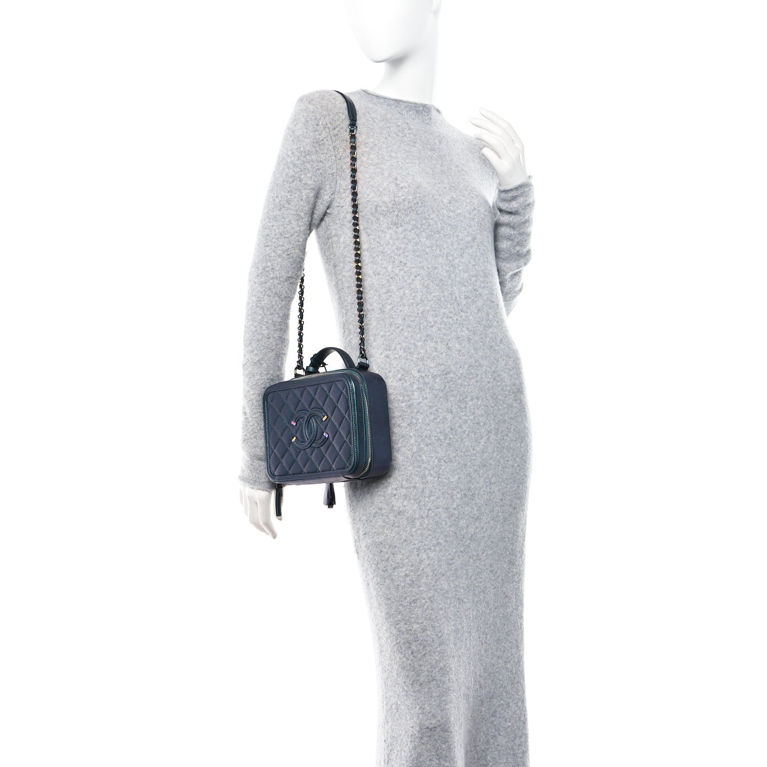 Chanel Iridescent Caviar Quilted Medium CC Filigree Vanity Case Dark Turquoise 2 of 13