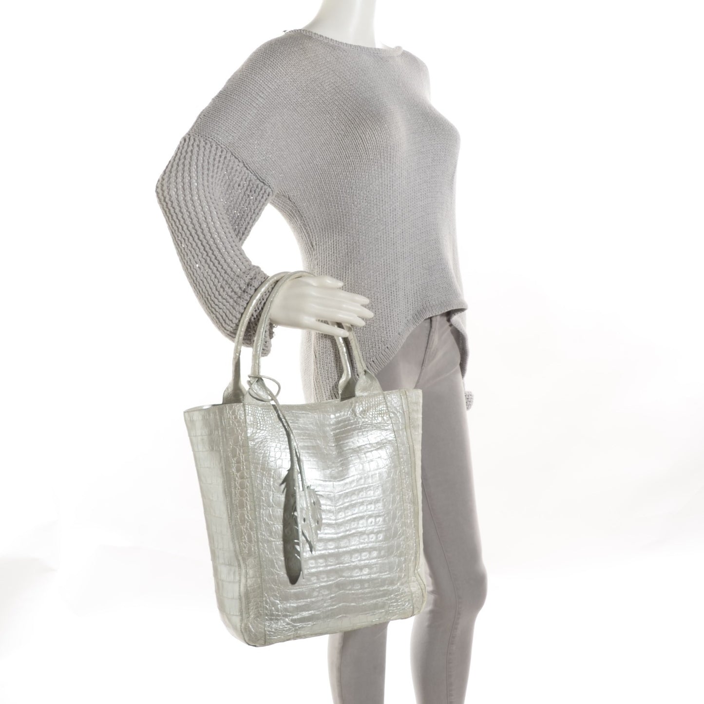 Metallic Crocodile Medium Leaf Tote White