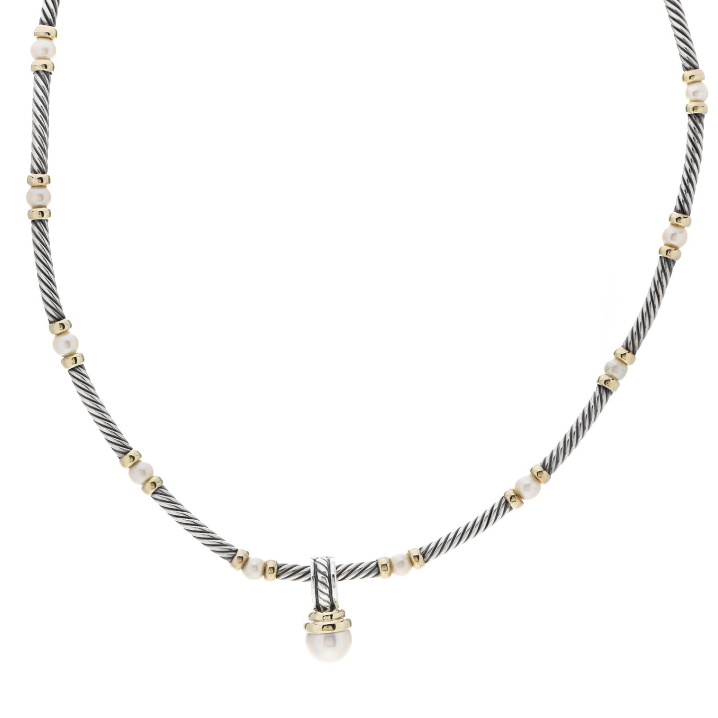 Sterling Silver 18K Yellow Gold Diamond Pearl Hampton Cable Choker Necklace