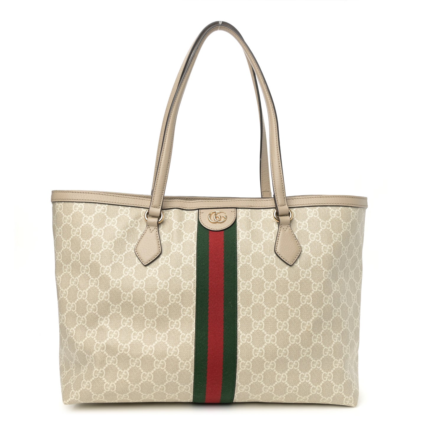 GG Supreme Monogram Textured Dollar Calfskin Web Large Ophidia Shopping Tote Beige Mystic White Oatmeal