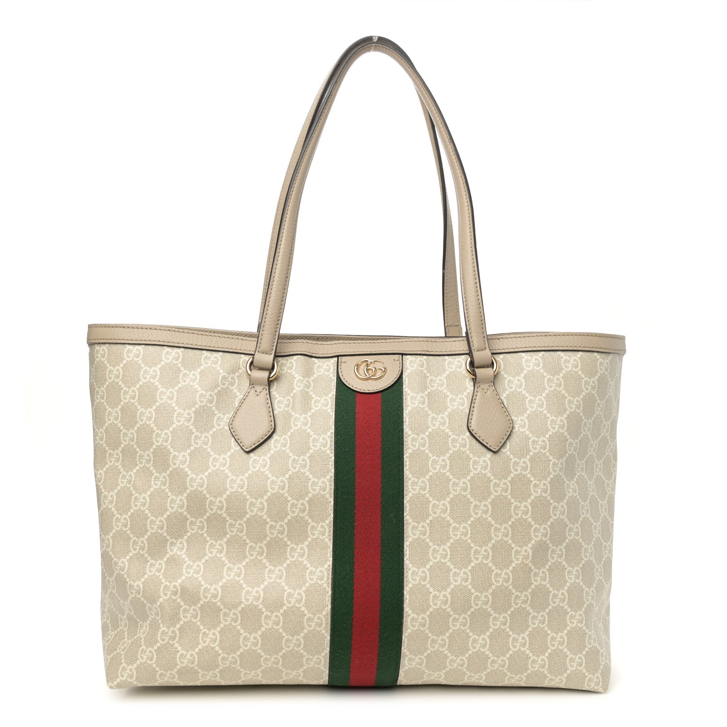 Gucci GG Supreme Monogram Textured Dollar Calfskin Web Large Ophidia Shopping Tote Beige Mystic White Oatmeal 1 of 13