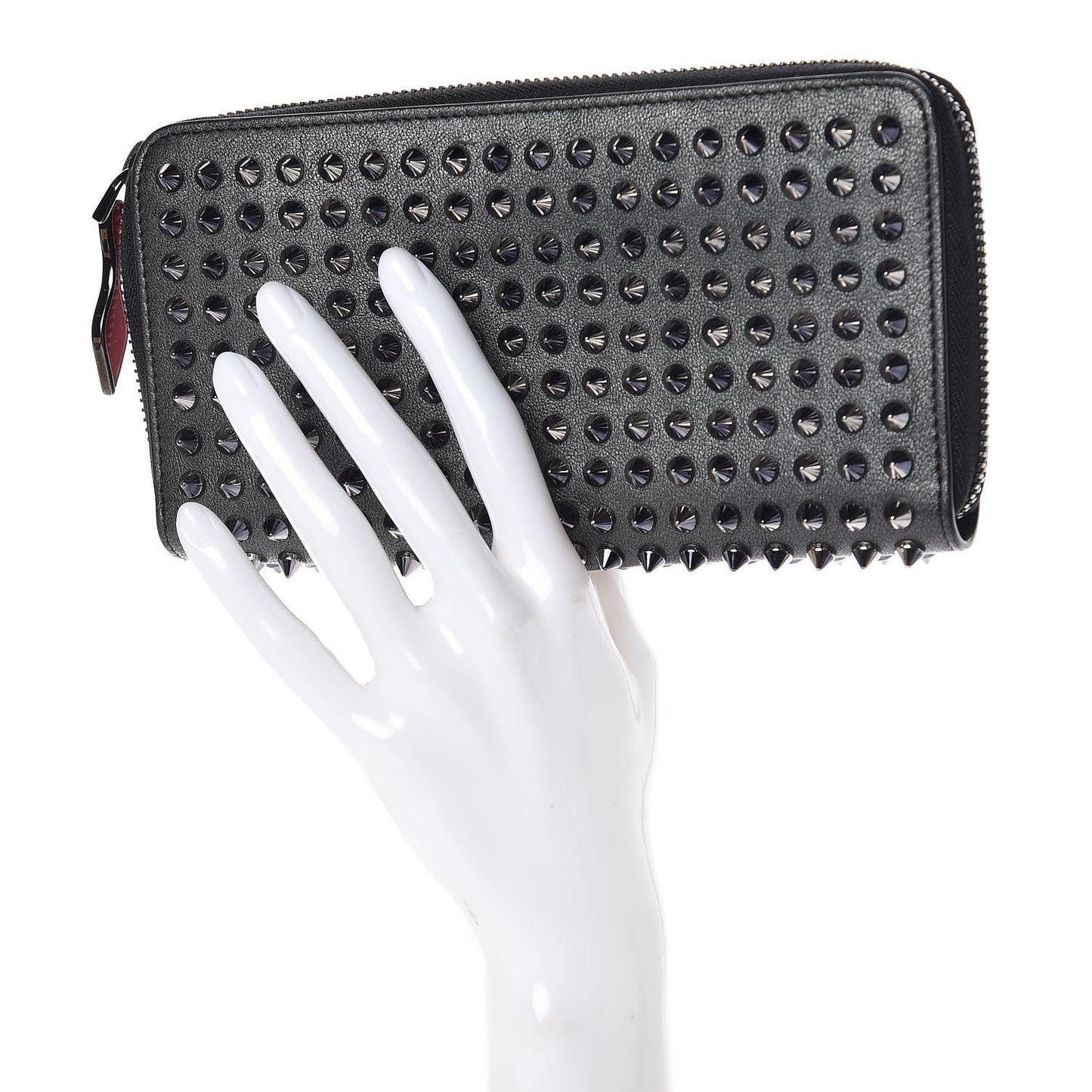 Metallic Calfskin Panettone Spiked Zip Around Wallet Anthracite Gun Metal