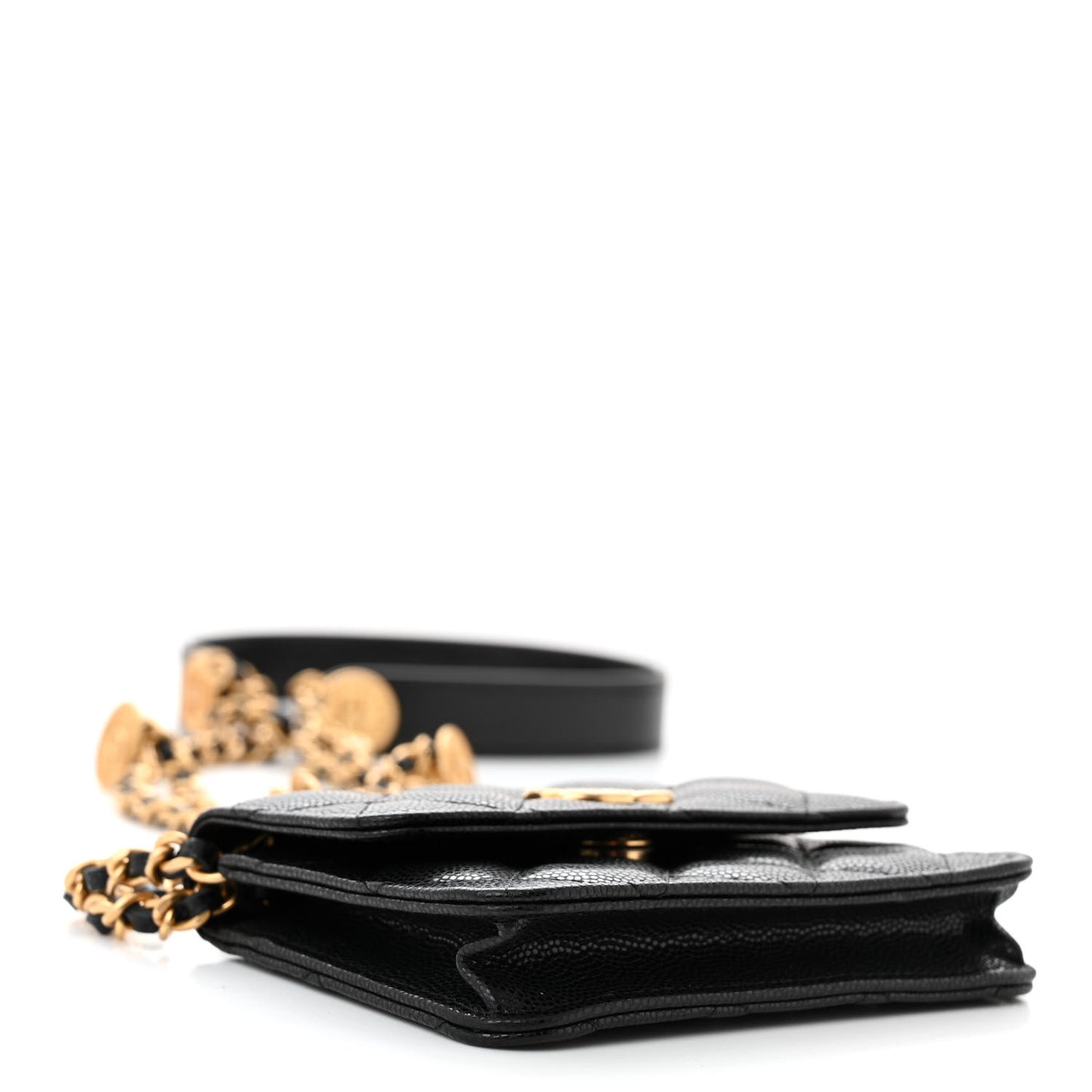 Caviar Quilted Twist Your Buttons Coin Purse With Chain Black