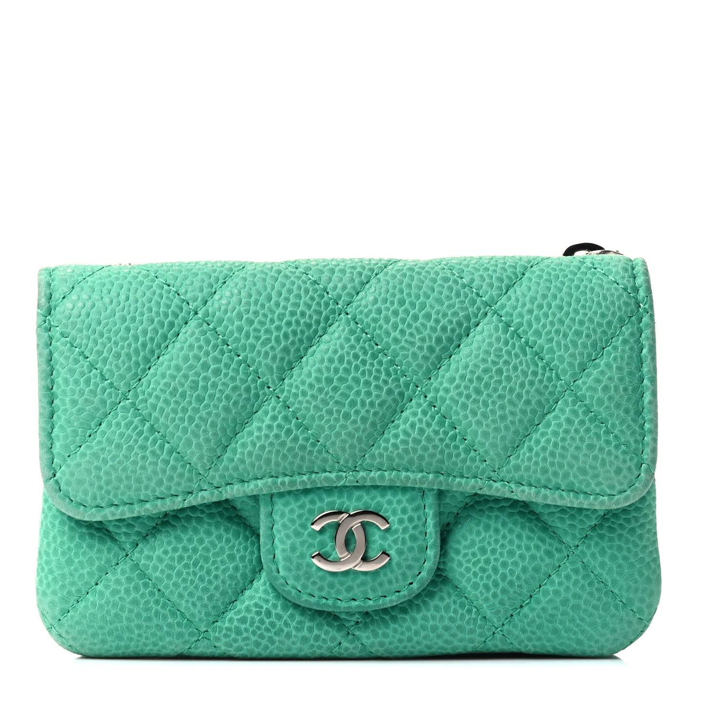 Iridescent Caviar Quilted CC Card Holder Green