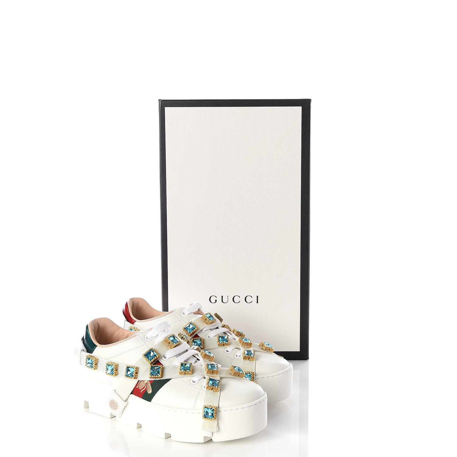 Gucci Calfskin Removable Crystals Bee Embroidered Ace Platform Sneakers 36 White 11 of 11