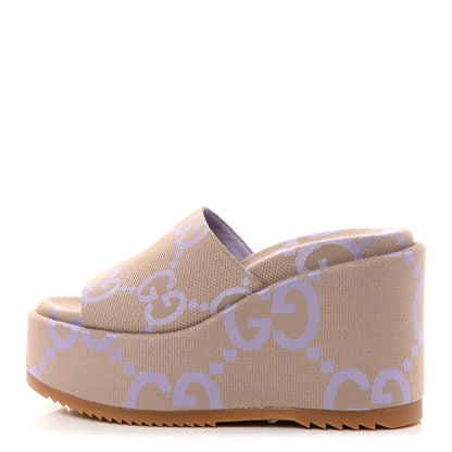 Gucci Monogram Jumbo GG Platform Slide Wedge Sandals 36 Beige Lapis 1 of 8