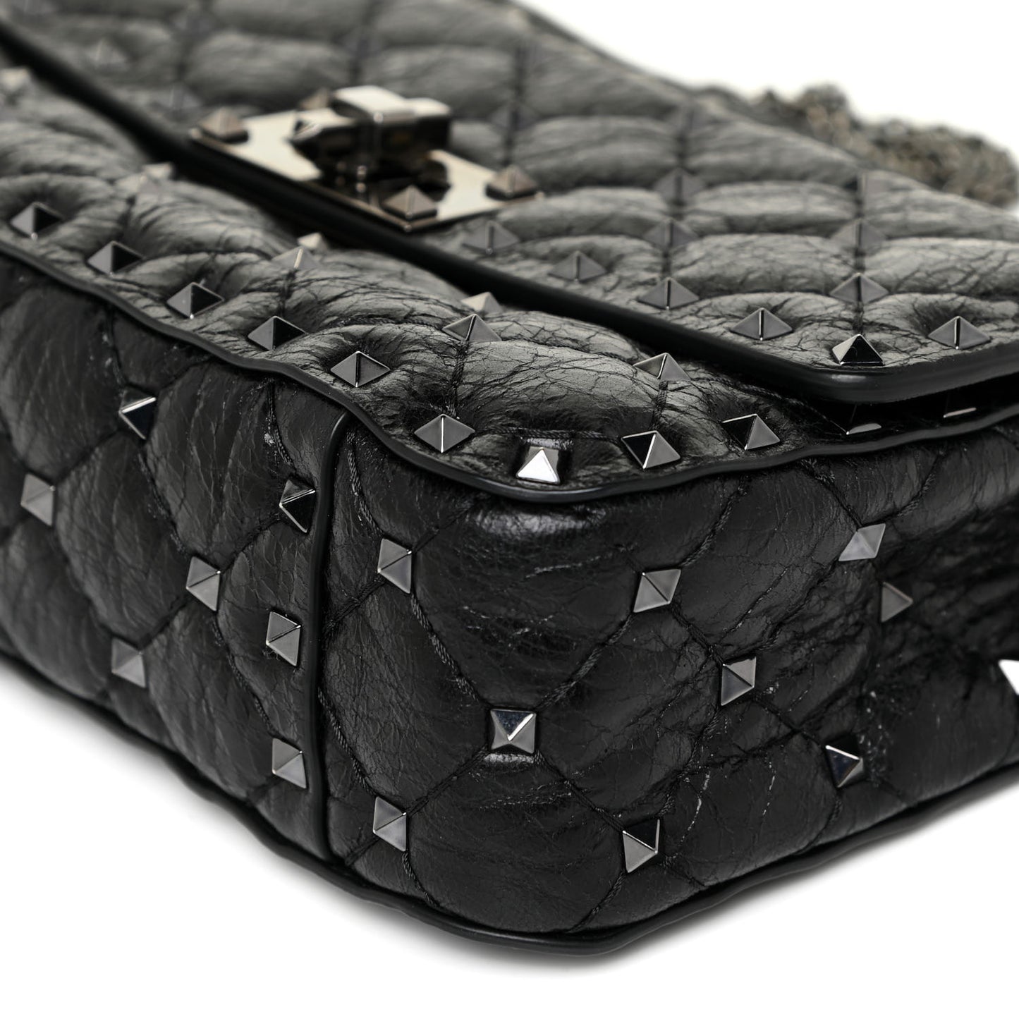Craquele Nappa Small Rockstud Spike Shoulder Bag Black