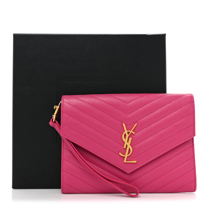 Saint Laurent Grain De Poudre Matelasse Chevron Monogram Envelope Clutch Fuchsia 10 of 10