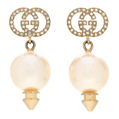 Gucci Metal Crystal Pearl Interlocking G Earrings Shiny Gold 1 of 6