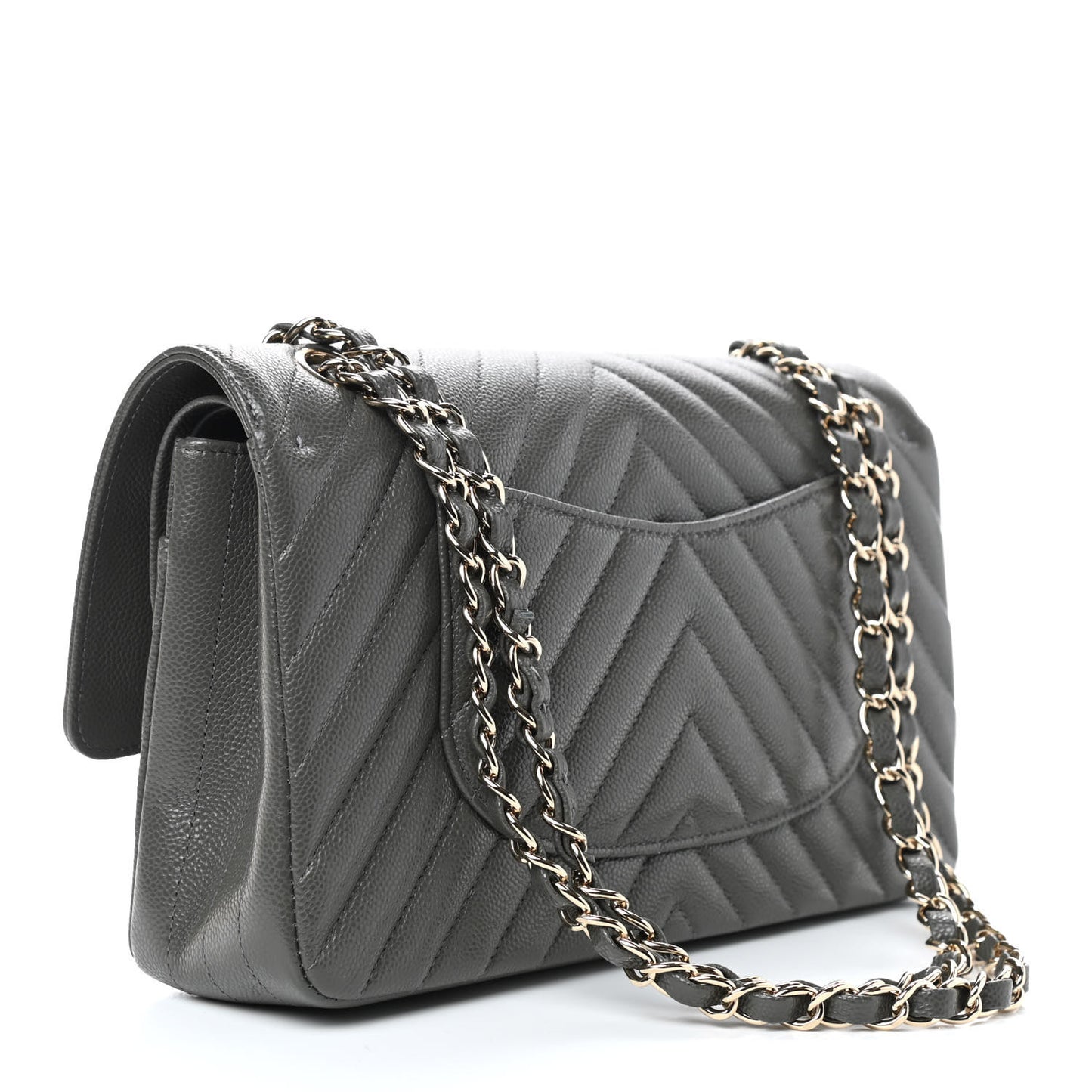 Caviar Chevron Quilted Medium Double Flap Dark Grey