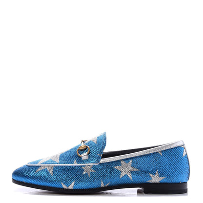 Gucci Lurex Calfskin Starry Sky Womens Jordaan Loafers 36.5 Bluette Silver 1 of 10