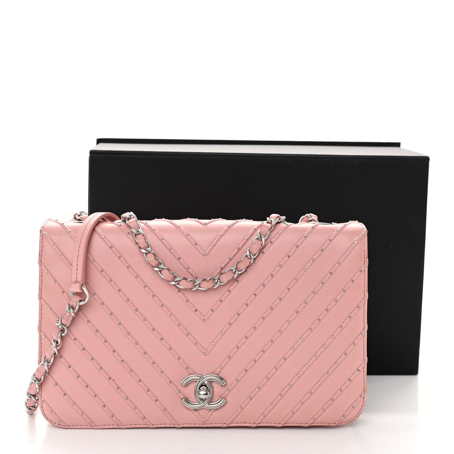 Calfskin Studded Chevron Quilted Flap Pink