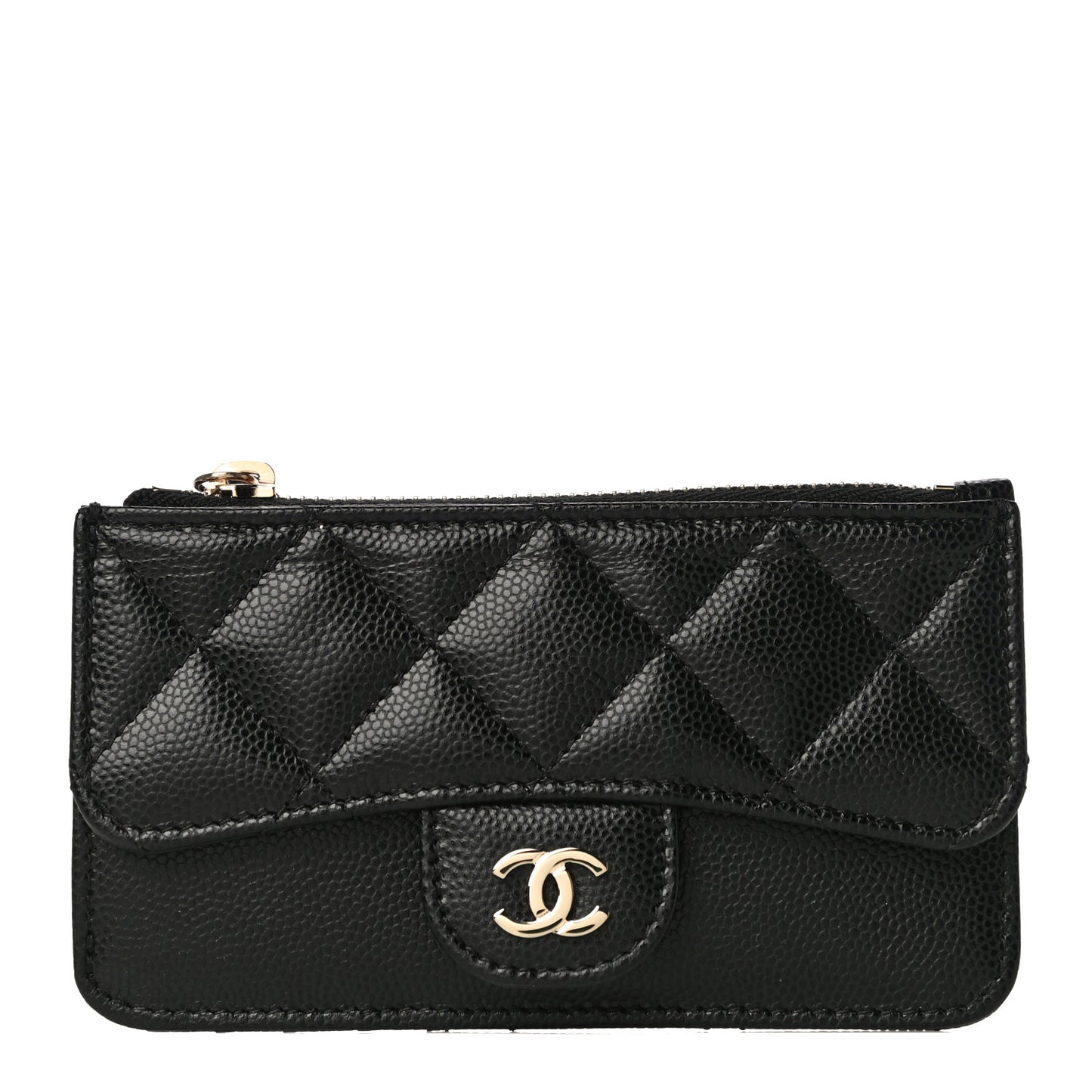 Caviar Quilted Flap Zip Card Holder Black