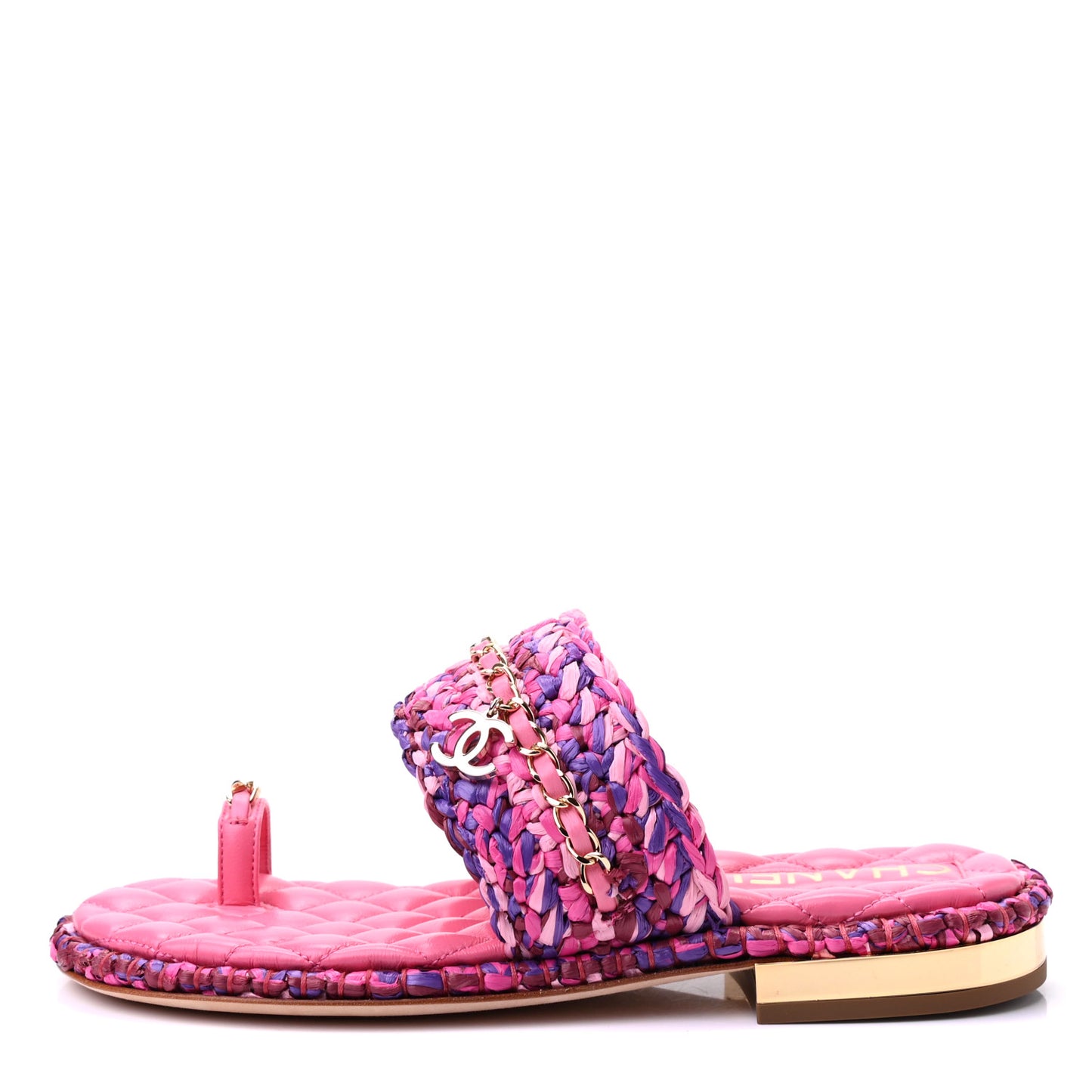 Raffia Lambskin Woven Chain CC Toe Ring Sandals 36.5 Pink Fuchsia Purple
