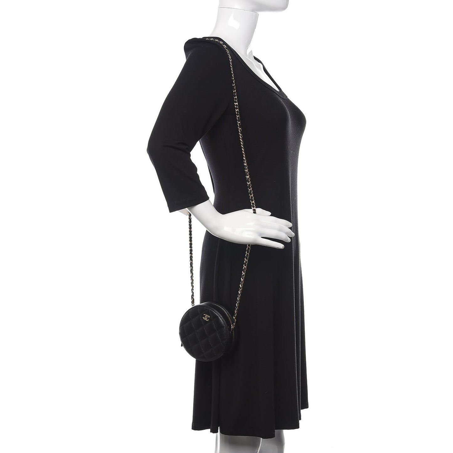Caviar Quilted Round Clutch With Chain Black