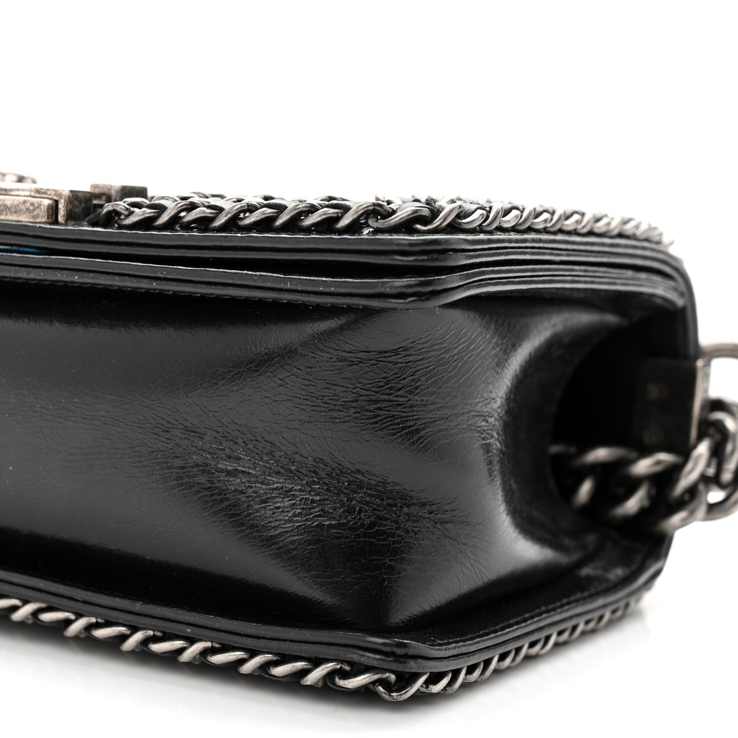 Glazed Calfskin Quilted Small Boy Chained Flap Black
