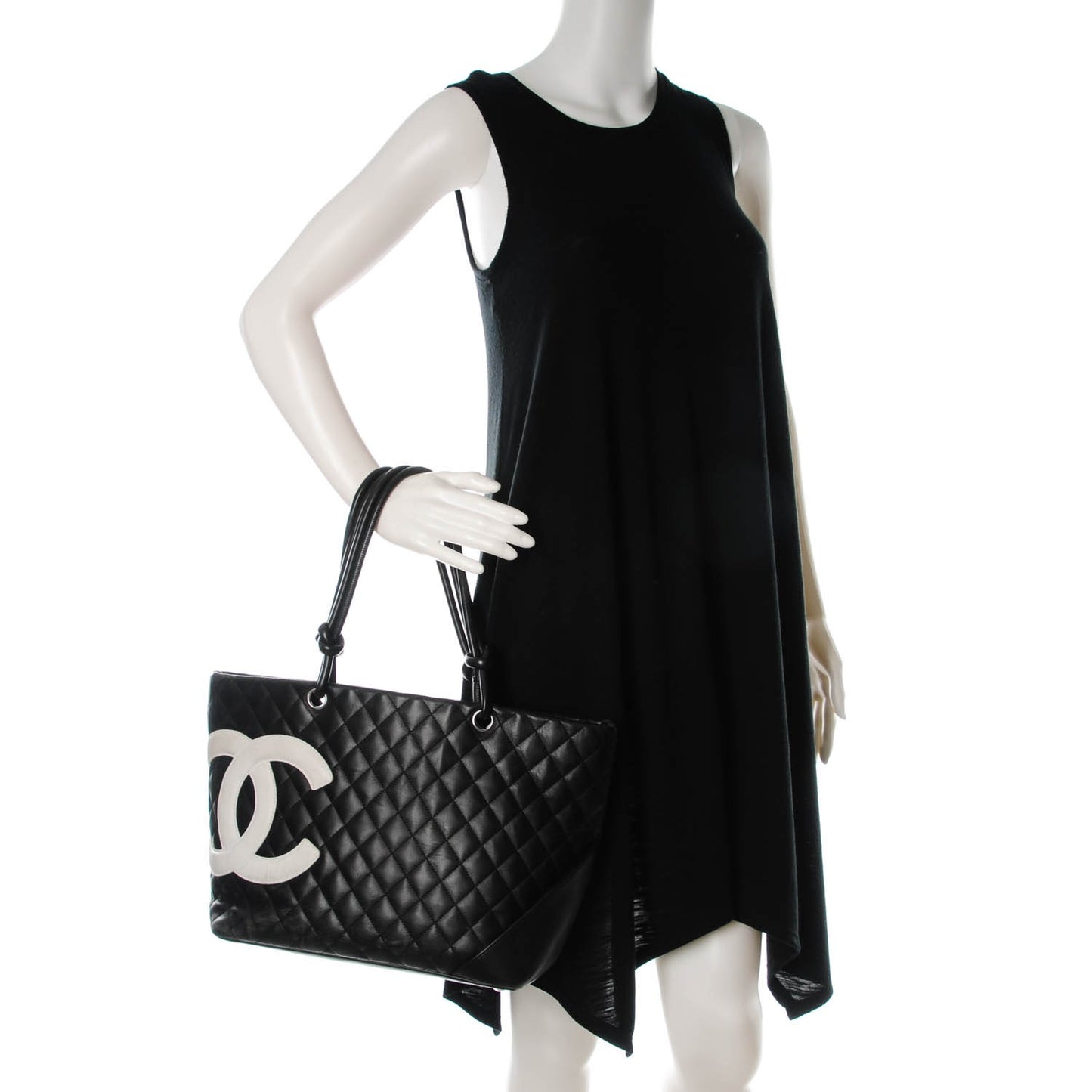 Calfskin Quilted Large Cambon Tote Black White