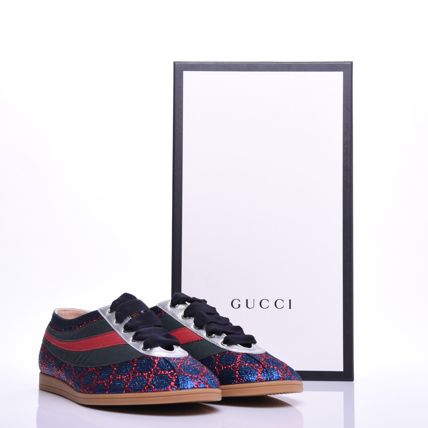 Gucci Lurex Calfskin Web GG Monogram Mens Falacer Sneakers 8.5 Iridescent Blue Iridescent Red Silver 9 of 9