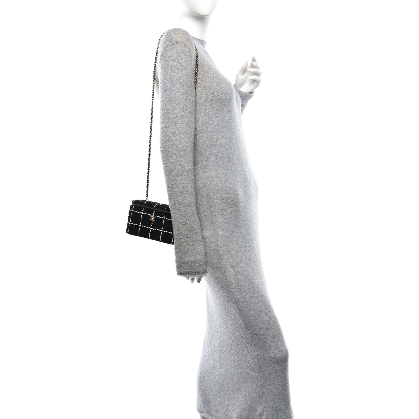 Tweed Pearl Crush Small Vanity Case With Chain  Black White