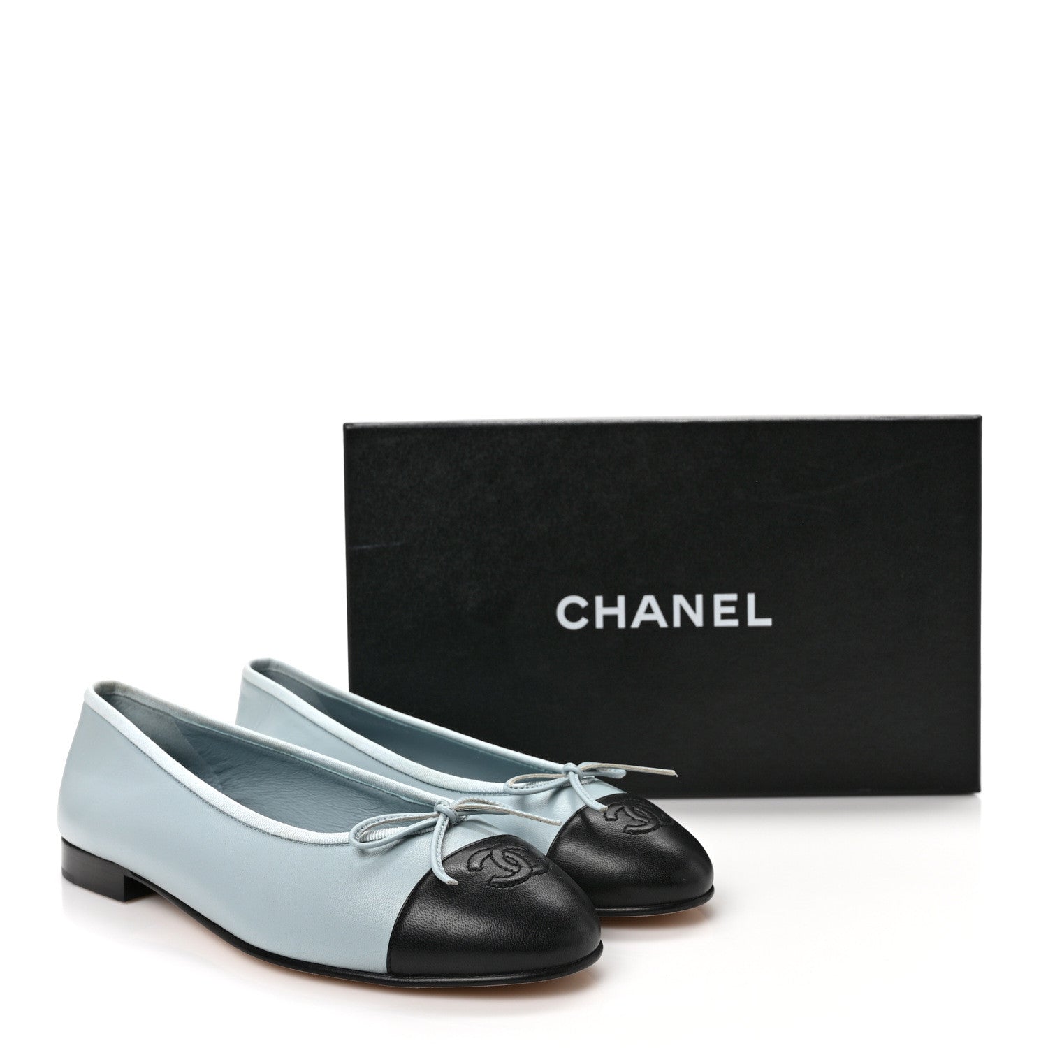 Chanel Lambskin Cap Toe CC Ballerina Flats 38 Light Blue Black 9 of 9