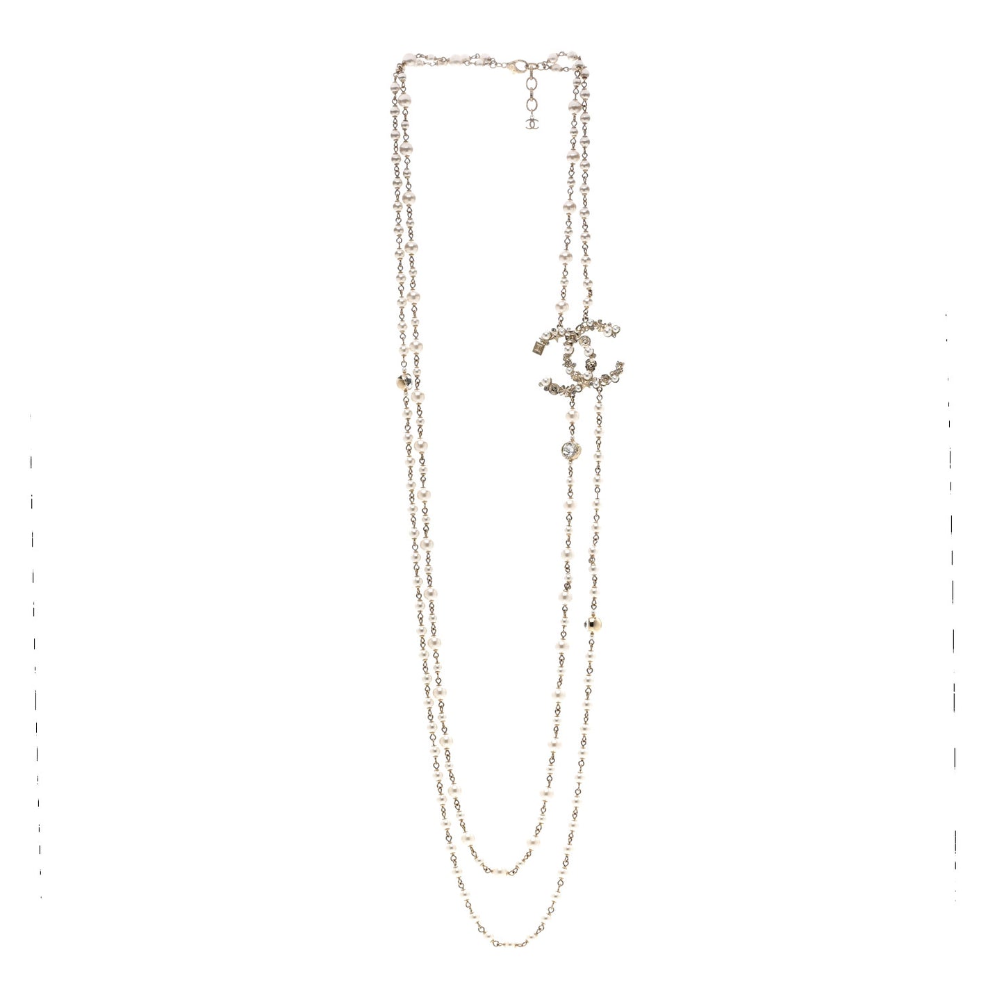Crystal Pearl CC Charms Long Necklace Light Gold