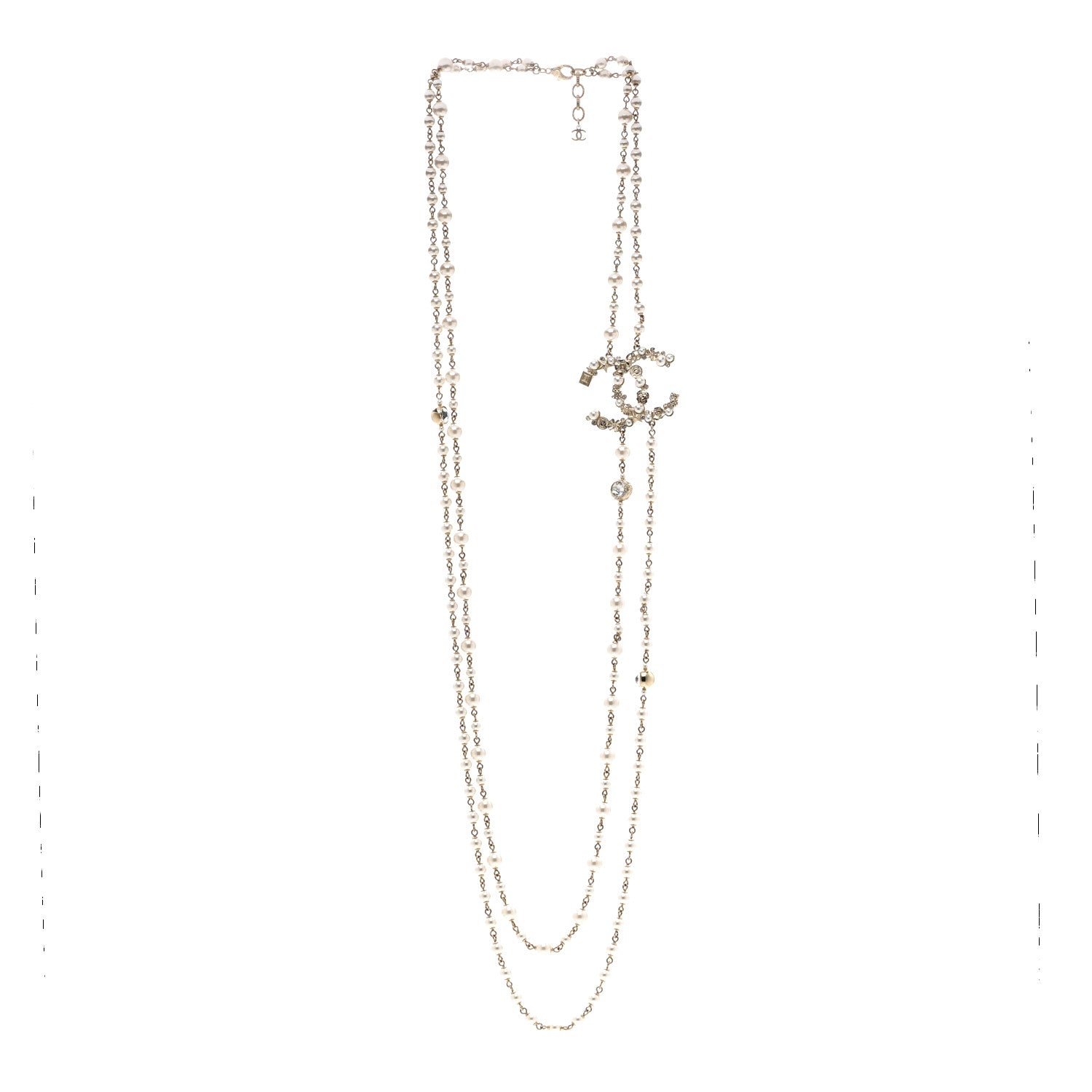 Chanel Crystal Pearl CC Charms Long Necklace Light Gold 3 of 6