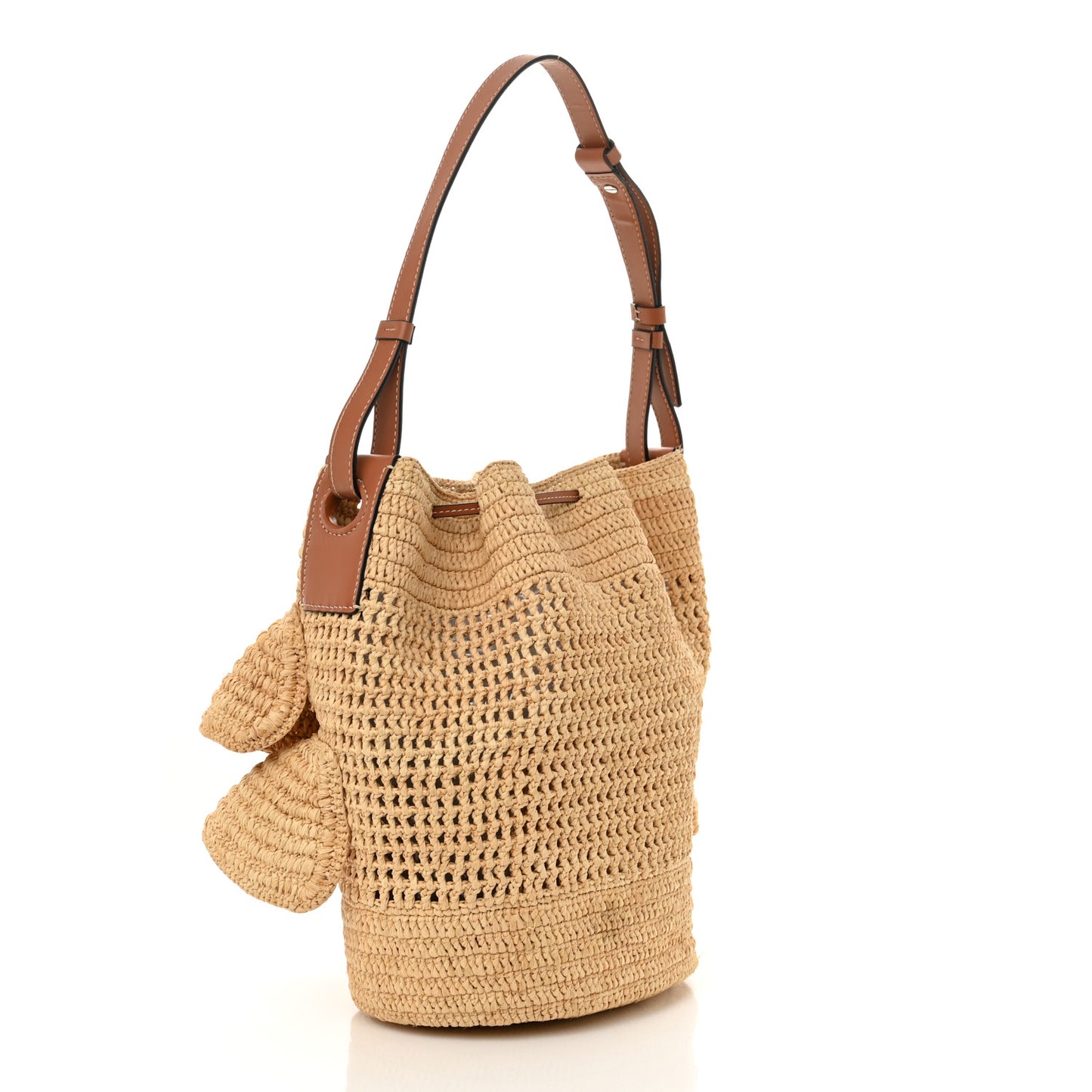 Raffia Calfskin Balloon Ruffles Bucket Bag Natural Tan