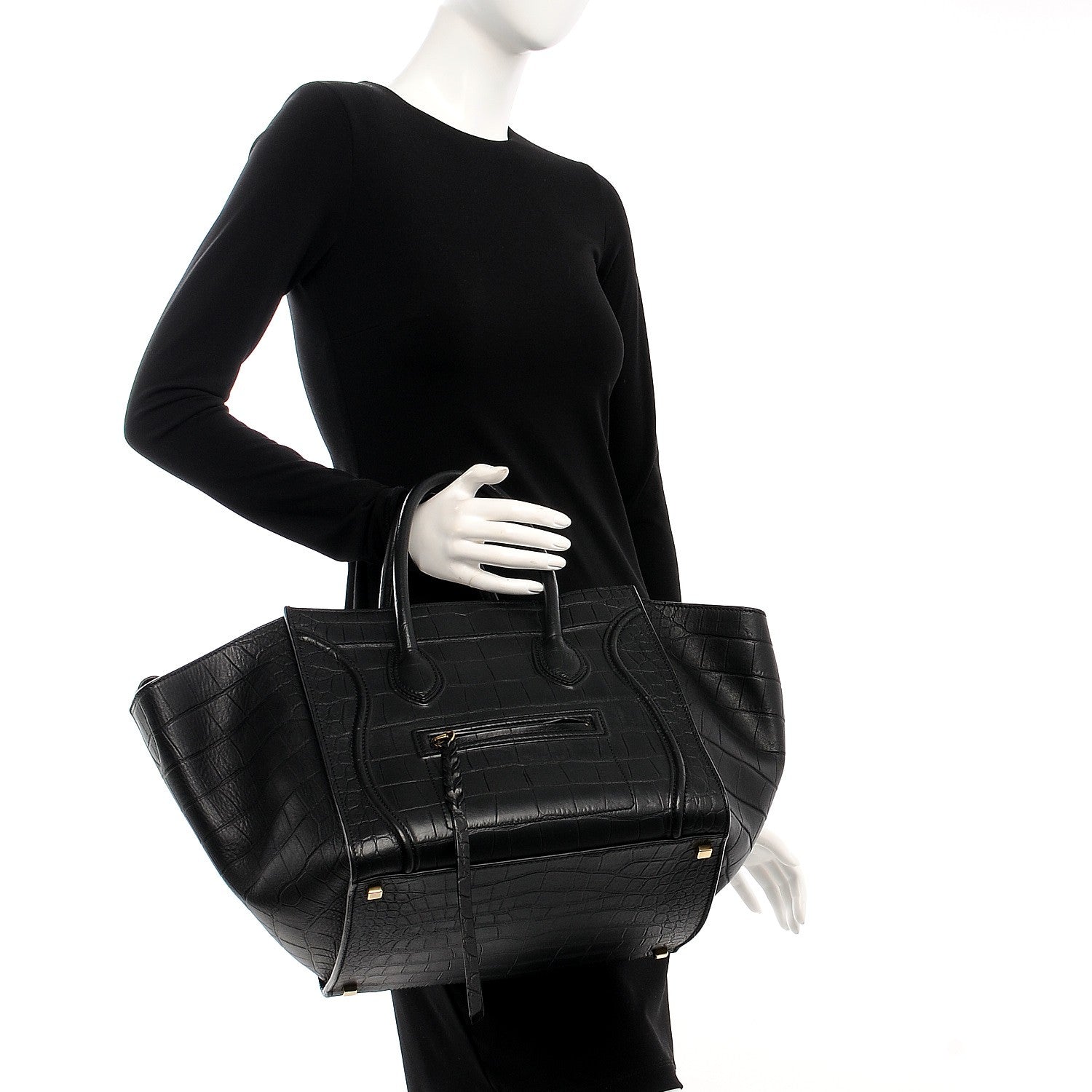 Celine Crocodile Embossed Calfskin Medium Phantom Luggage Black 2 of 7
