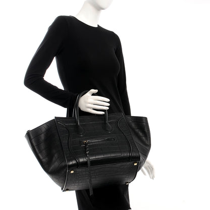 Celine Crocodile Embossed Calfskin Medium Phantom Luggage Black 2 of 7