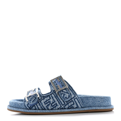 Fendi Denim Jacquard FF Womens Fendi Feel Buckled Slide Sandals 37 Blue 1 of 15