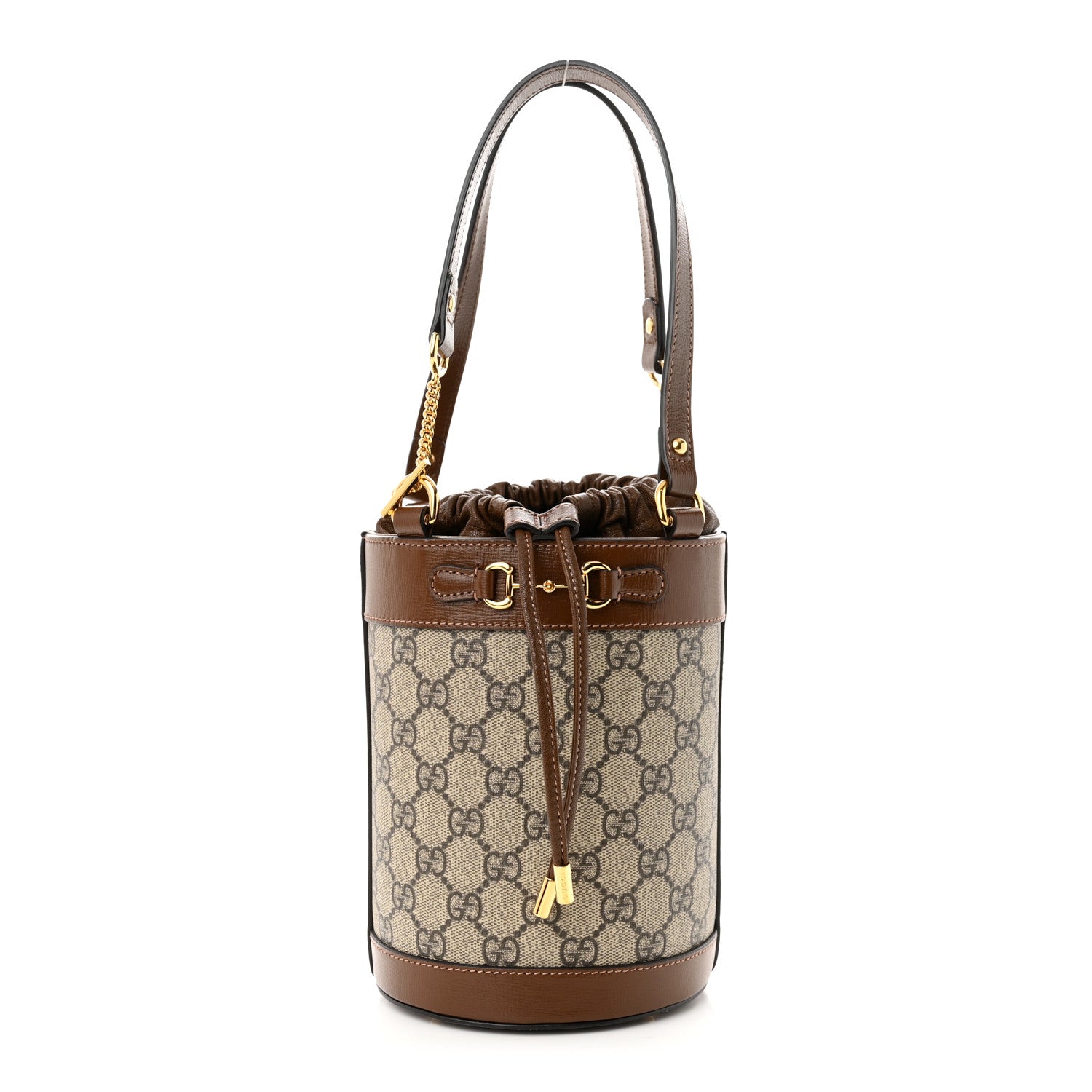 Gucci GG Supreme Monogram Azalea Sakai Calfskin Small Horsebit 1955 Drawstring Bucket Bag Beige Ebony Brown Sugar 1 of 10