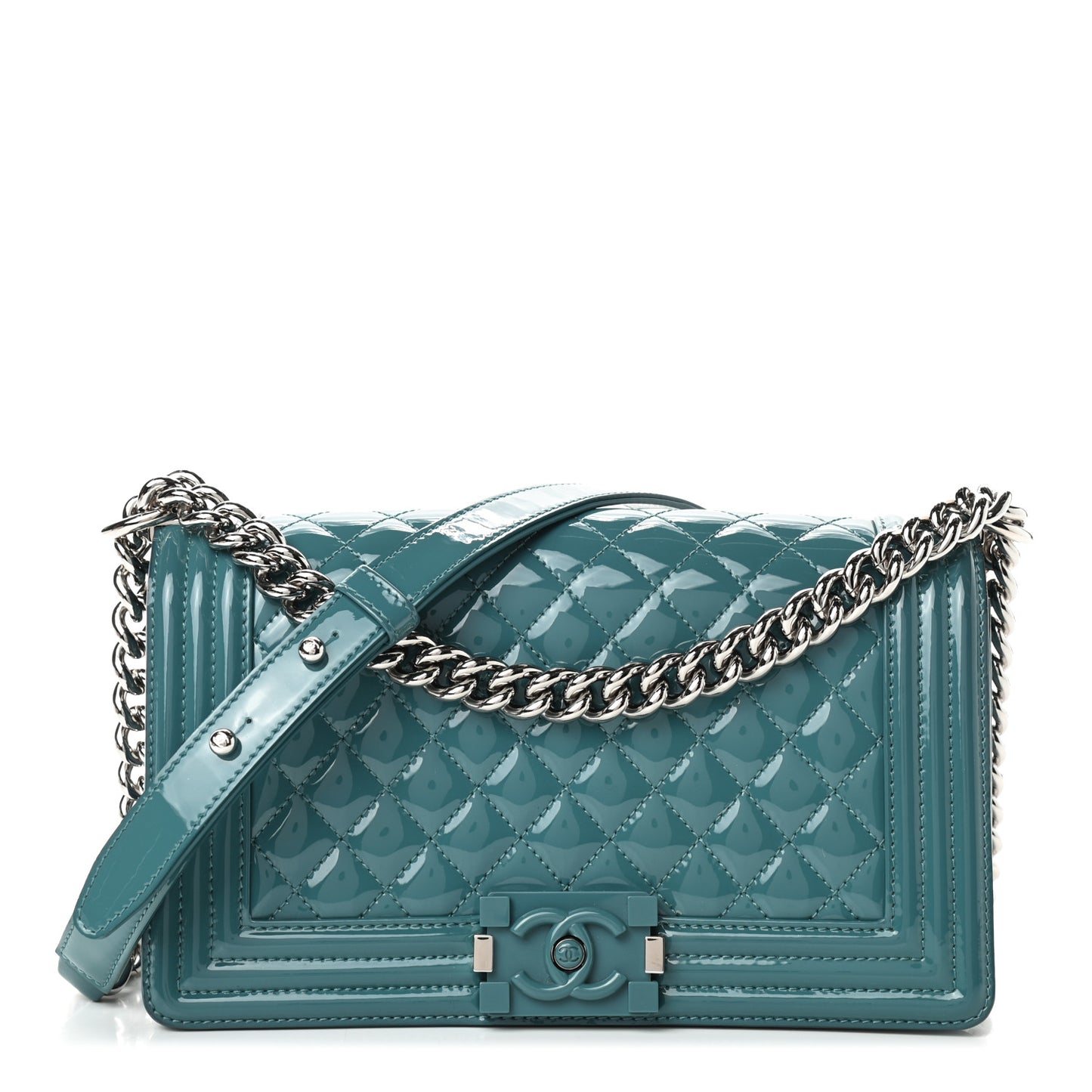 Patent Calfskin Quilted Medium Plexiglass Boy Flap Turquoise
