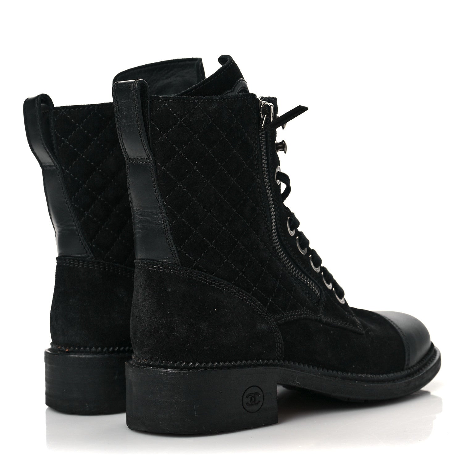 Chanel Suede Calfskin Quilted CC Lace Up Combat Boots 36 Black 4 of 8