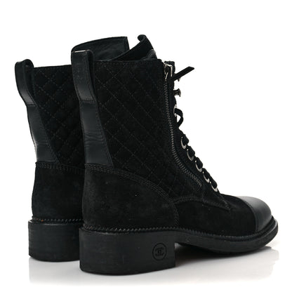 Chanel Suede Calfskin Quilted CC Lace Up Combat Boots 36 Black 4 of 8