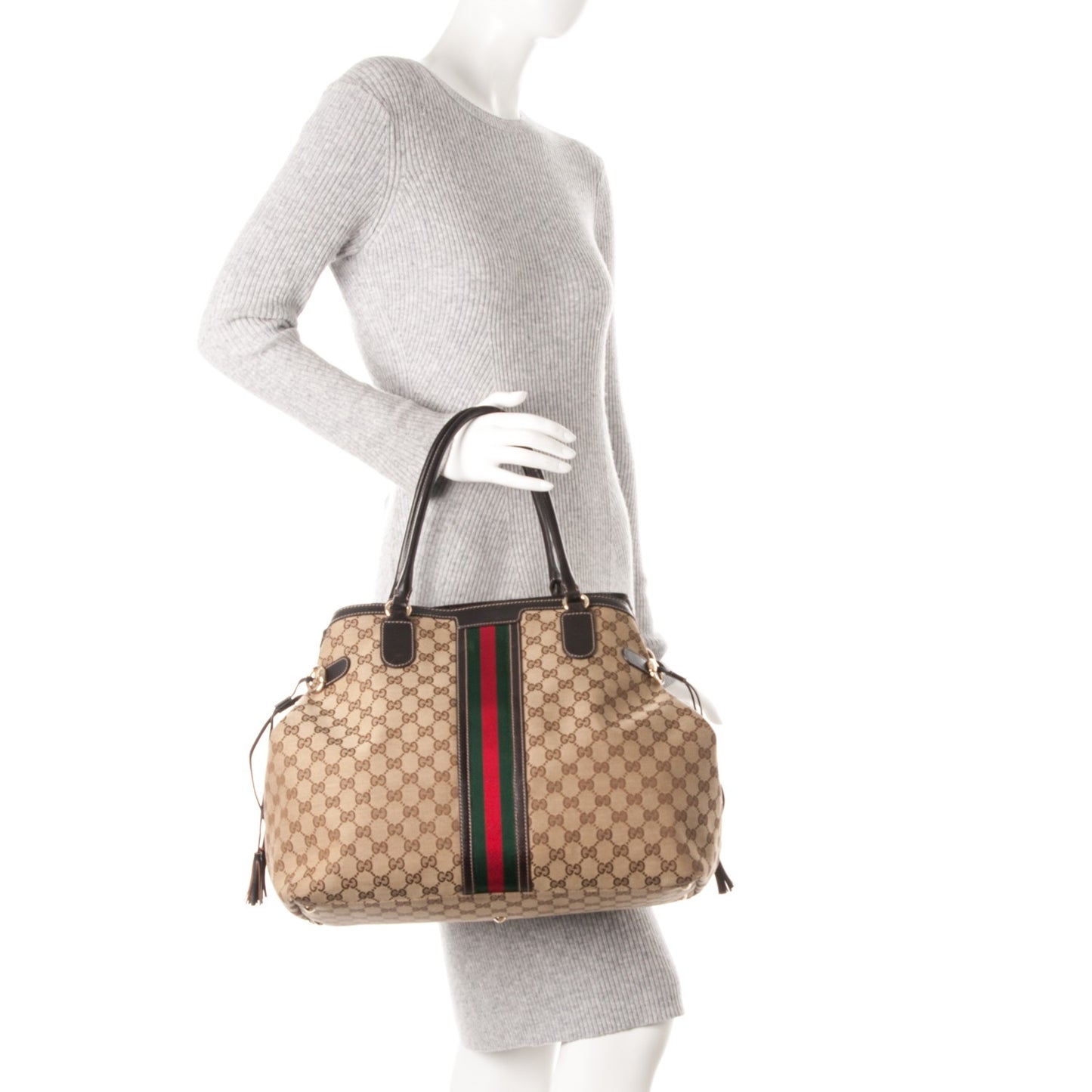 Monogram Vintage Web Large Tassel Tote Brown