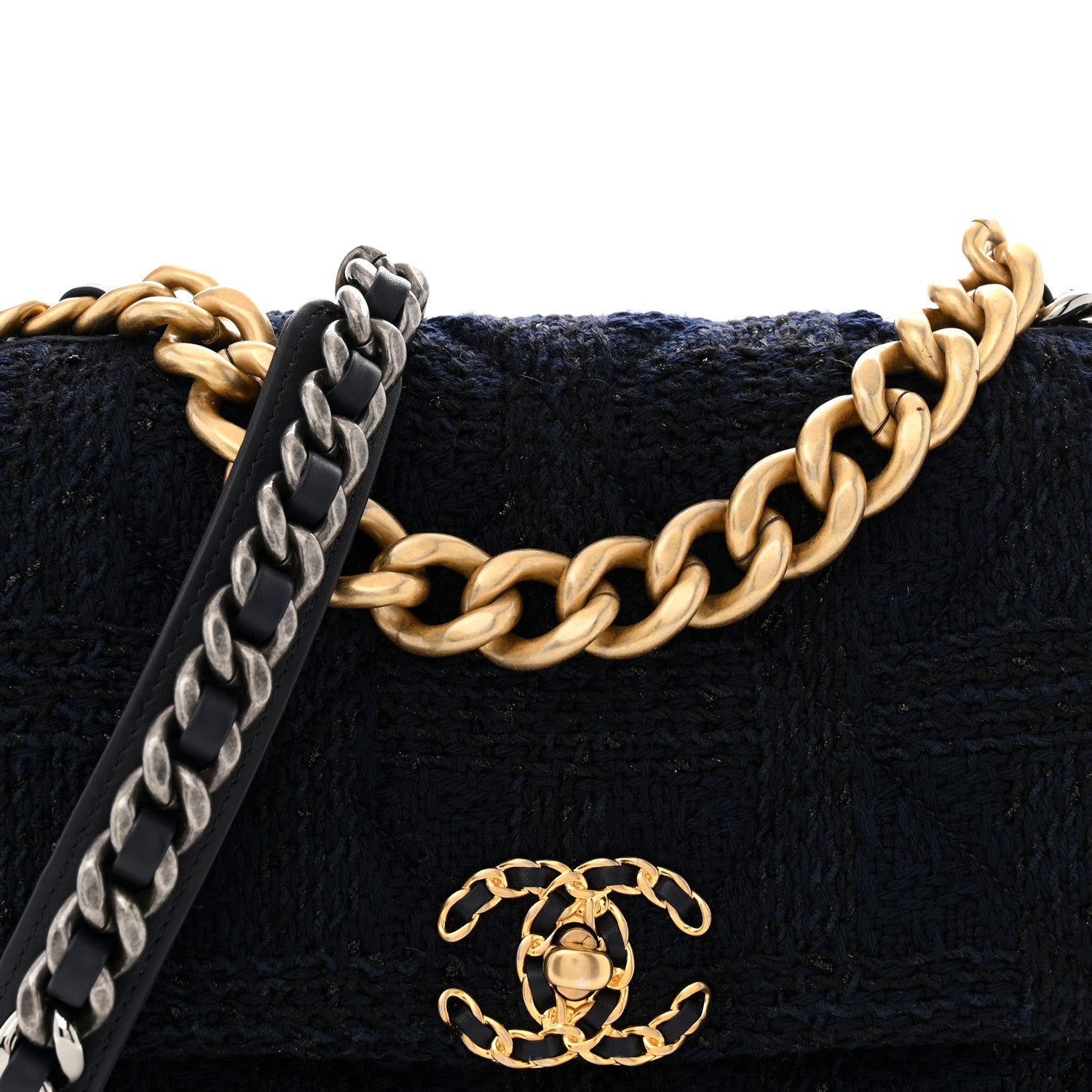 Chanel Tweed Quilted Large Chanel 19 Flap Navy Blue 1887065
