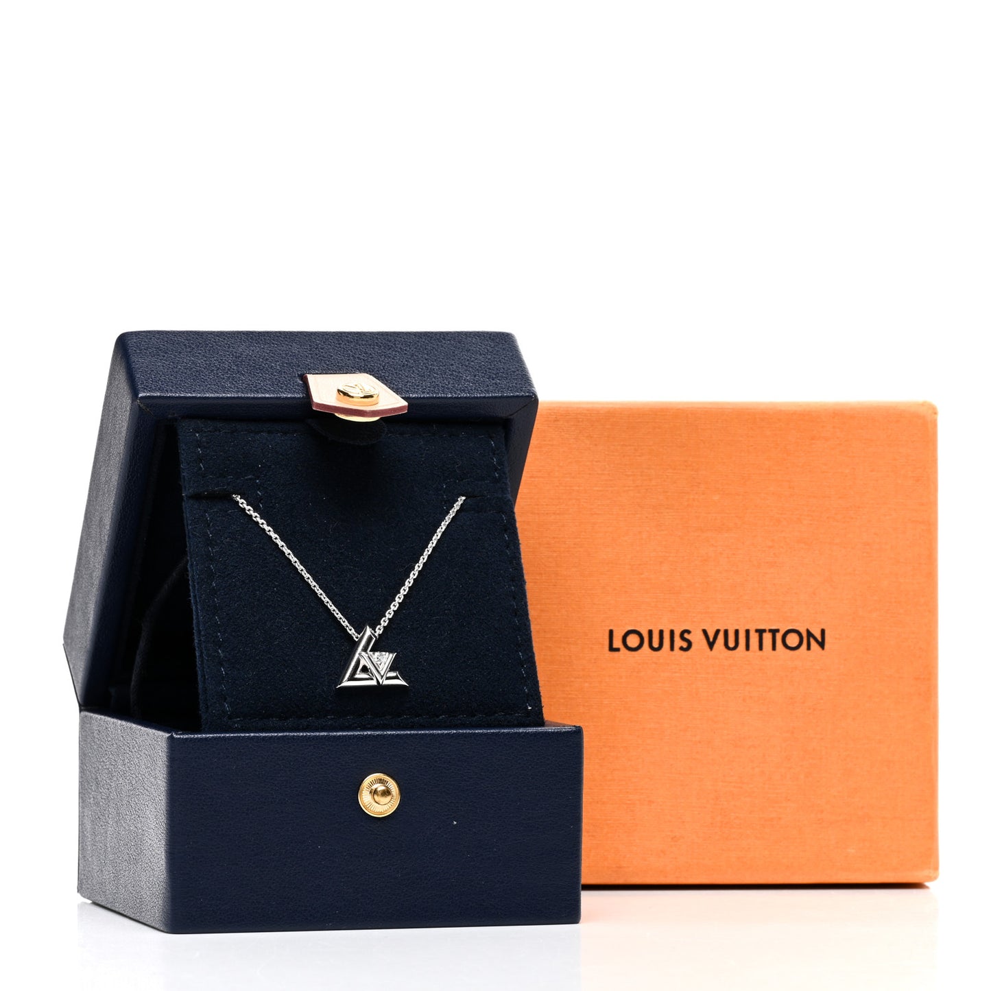 18K White Gold Diamond Small LV Volt One Pendant Necklace